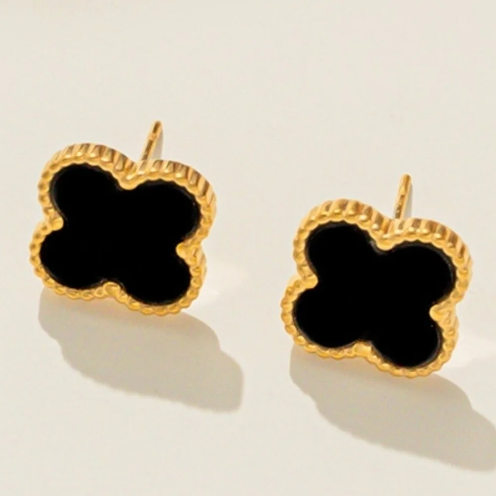 18K Gold Plated Stainless Steel Earrings, White Clover Quatrefoil Design